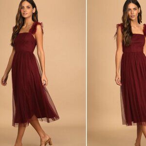Lulus Womens Dress Large Burgundy Tulle Swiss Dot Ruffled Midi Divine Invitation